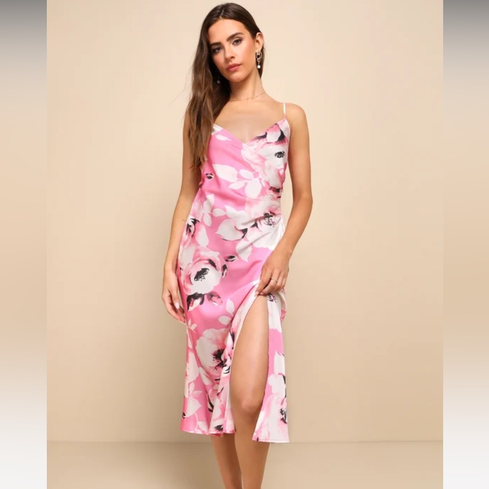 Lulus Garden Sweetheart Pink Floral Satin Surplice Ruched Midi Dress-M
